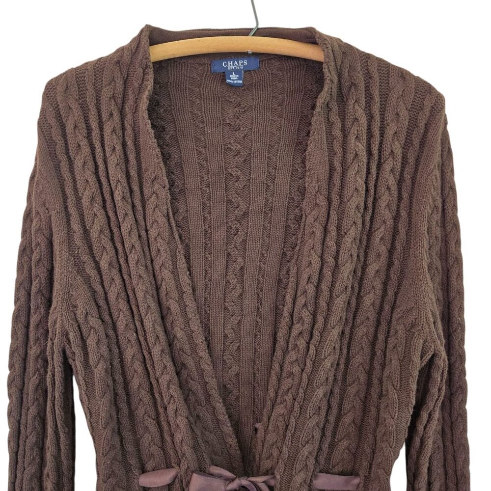 Chaps Cable Knit Brown Cardigan Sweater Large Ribbon Tie Waist Eyelet Cuffs - Picture 3 of 11